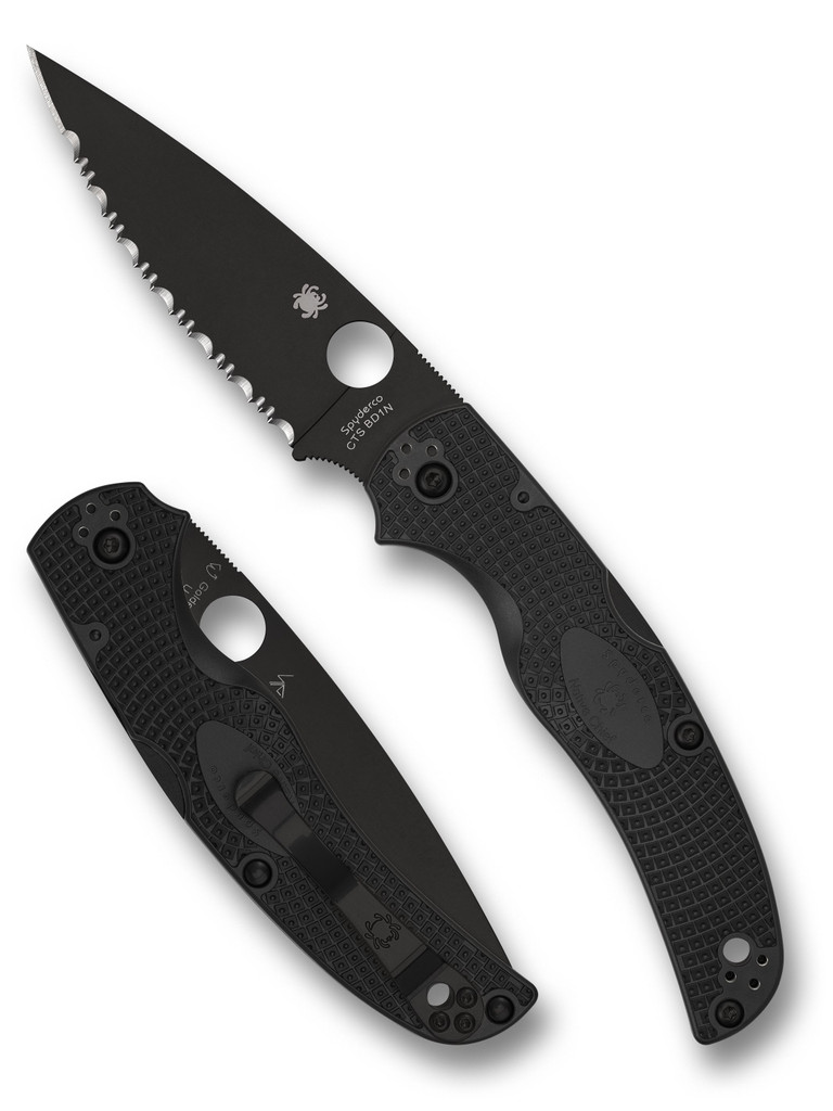 Spyderco Native Chief folding knife with thumb hole - shown open presentation side and closed pocket clip side.  Black CTS-BD1N stainless steel serrated edge blade.  Black FRN handle.  Model C244SBBK.
