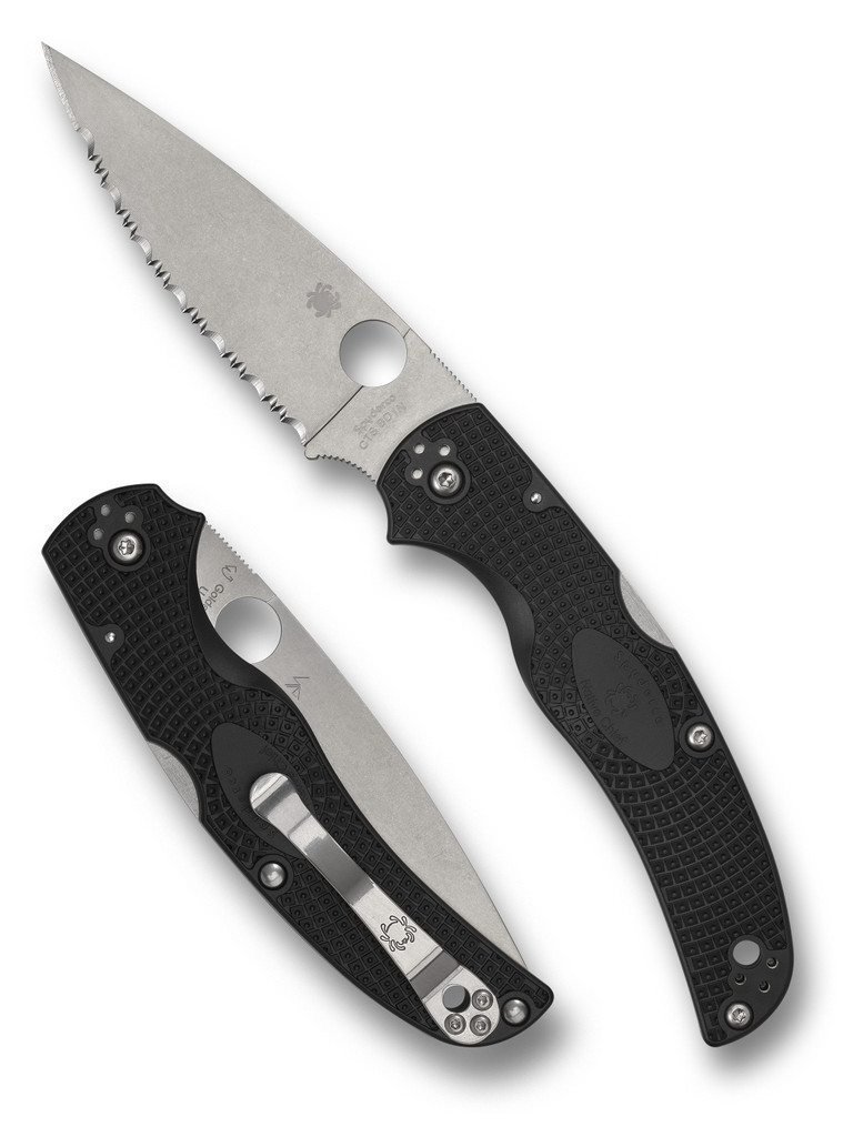 Spyderco Native Chief folding knife with thumb hole - shown open presentation side and closed pocket clip side.  Satin CTS-BD1N stainless steel serrated edge blade.  Black FRN handle.  Model C244SBK.