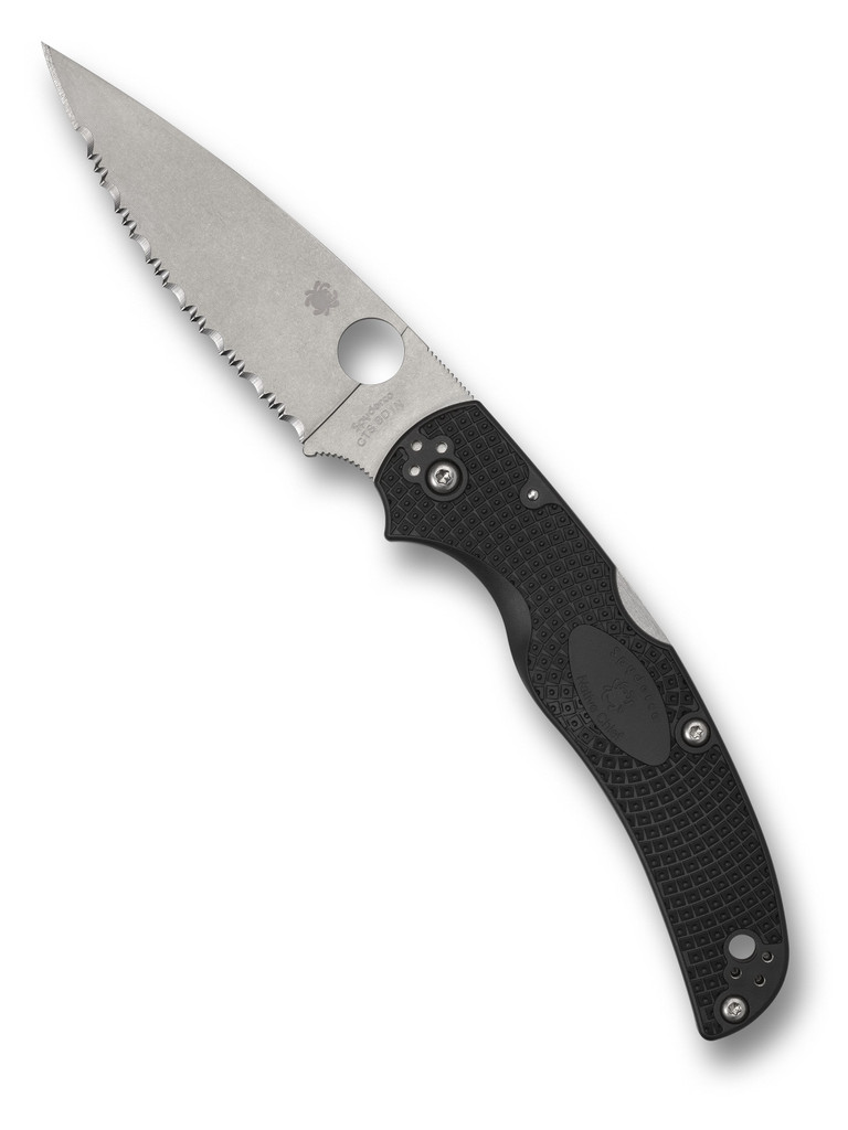 Spyderco Native Chief folding knife with thumb hole - shown open presentation side.  Satin CTS-BD1N stainless steel serrated edge blade.  Black FRN handle.  Model C244SBK.