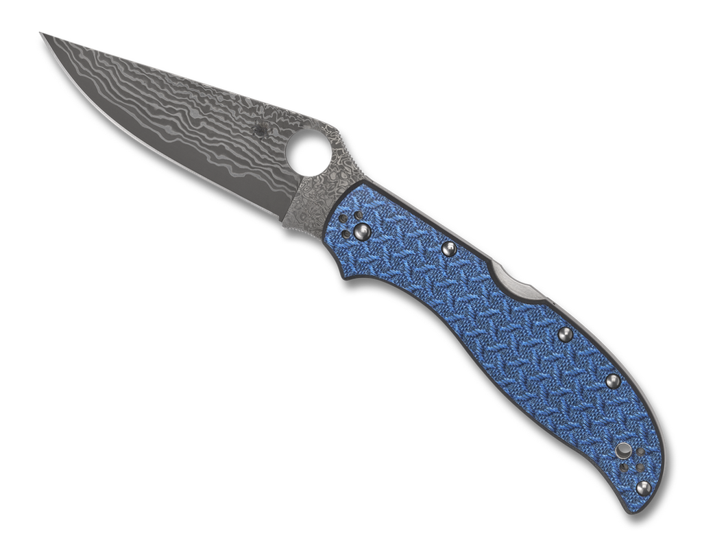 Spyderco Stretch 2 XL Sprint Run folding knife with thumb hole - shown open presentation side.  Damascus steel plain edge blade.  Blue Nishijin Glass Fiber handle.  Model C258GFBLP.
For reference only.