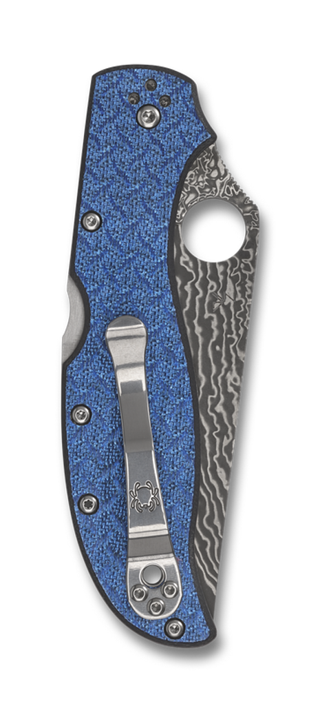 Spyderco Stretch 2 XL Sprint Run folding knife with thumb hole - shown closed pocket clip side.  Damascus steel plain edge blade.  Blue Nishijin Glass Fiber handle.  Model C258GFBLP.
For reference only.