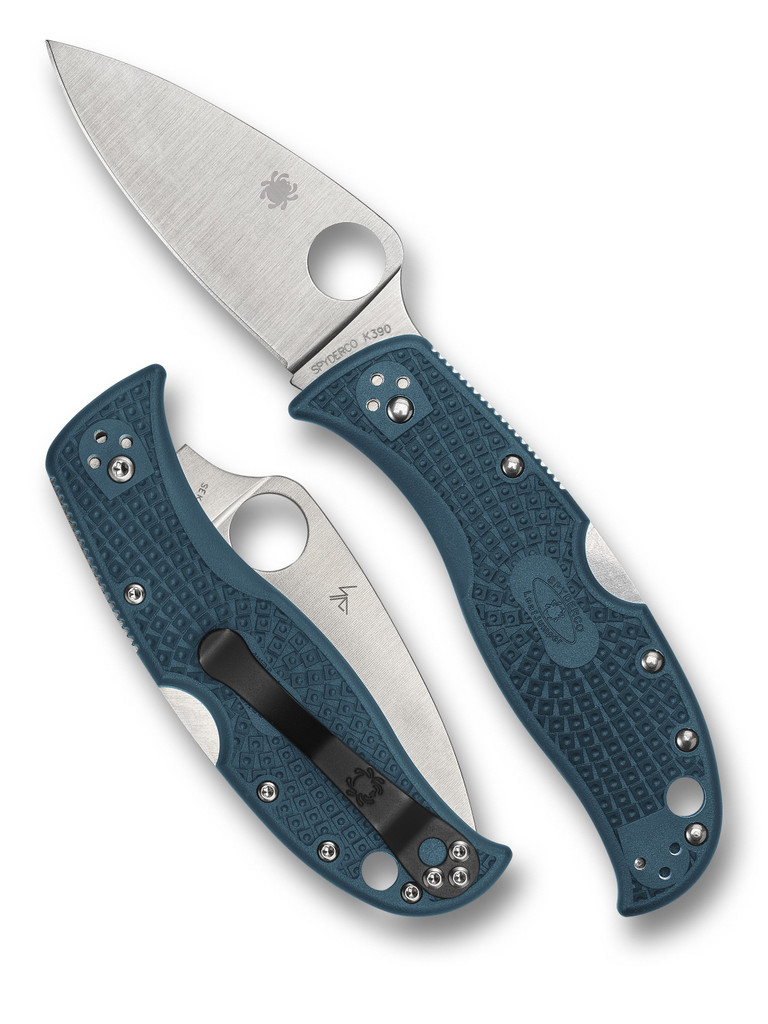 Spyderco LeafJumper folding knife with thumb hole - shown open presentation side and closed pocket clip side.  Satin K390 steel plain edge blade.  Blue FRN handle.  Model C262PBLK390.
For reference only.