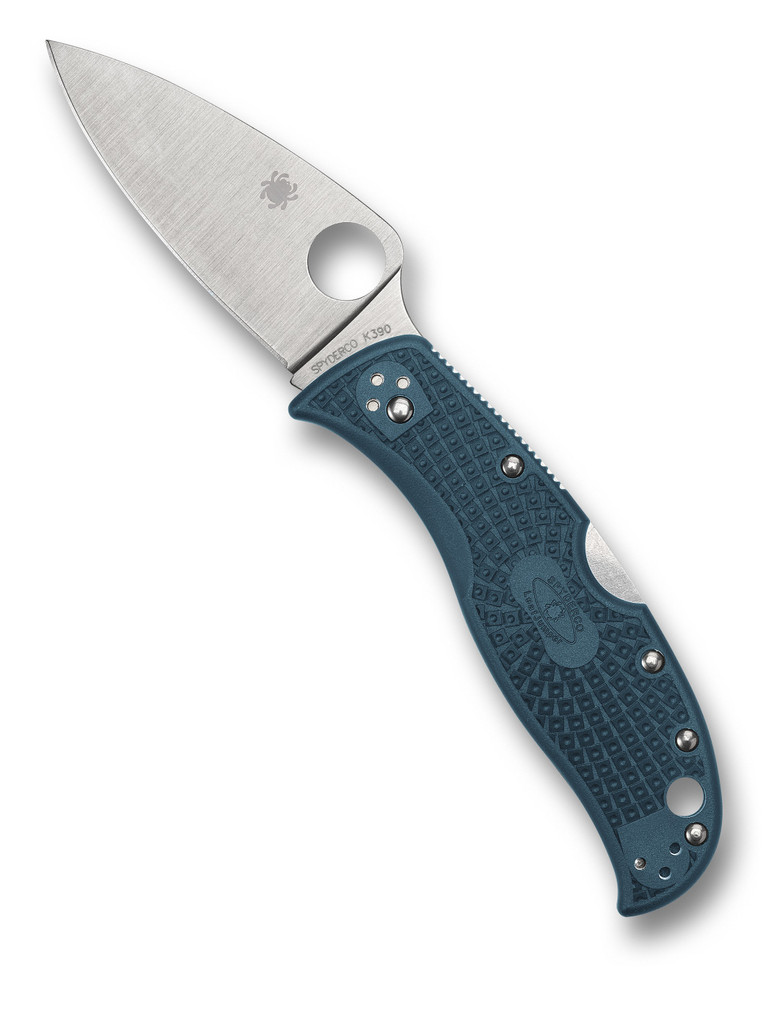 Spyderco LeafJumper folding knife with thumb hole - shown open presentation side.  Satin K390 steel plain edge blade.  Blue FRN handle.  Model C262PBLK390.
For reference only.