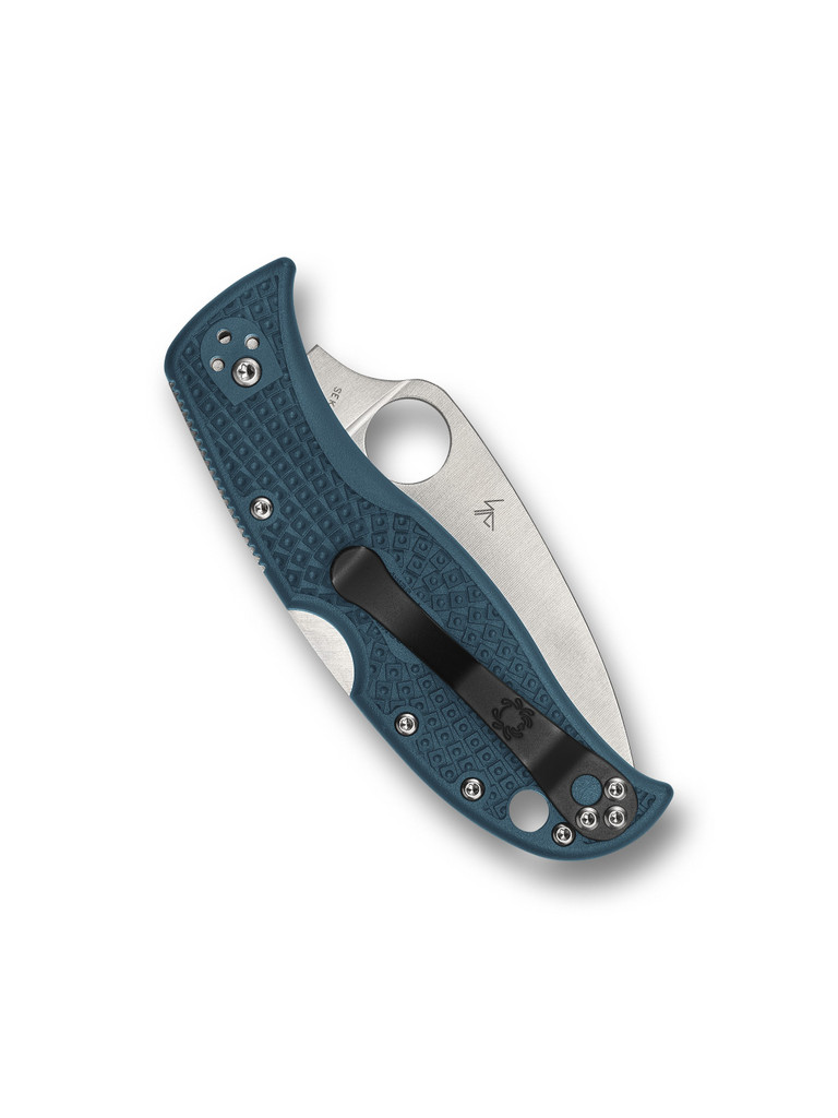Spyderco LeafJumper folding knife with thumb hole - shown closed pocket clip side.  Satin K390 steel plain edge blade.  Blue FRN handle.  Model C262PBLK390.
For reference only.