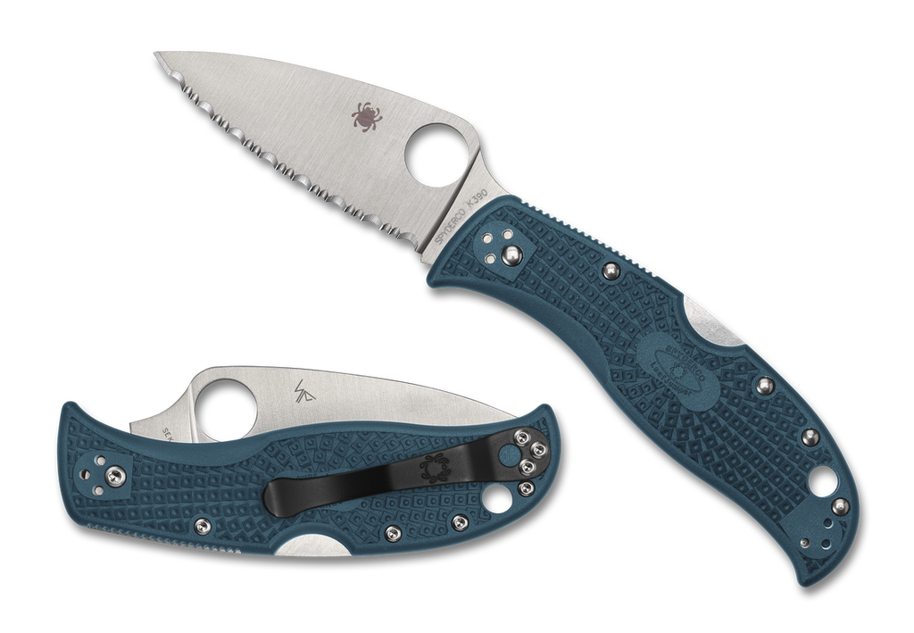 Spyderco LeafJumper Knife C262SBLK390 3.09" Serrated K390 Blade Blue FRN