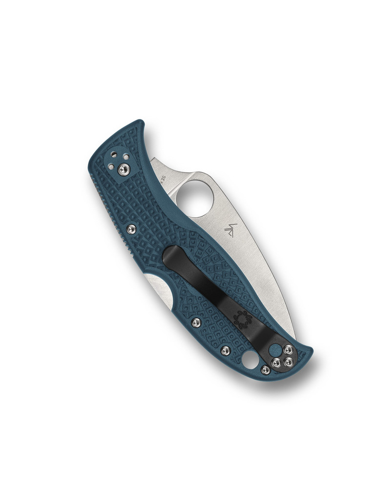 Spyderco LeafJumper folding knife with thumb hole - shown closed pocket clip side.  Satin K390 steel serrated edge blade.  Blue FRN handle.  Model C262SBLK390.