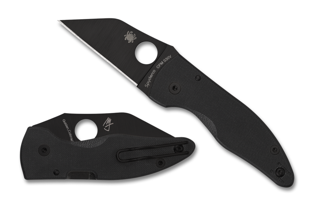 Spyderco MicroJimbo folding knife with thumb hole - shown open presentation side and closed pocket clip side.  Black S30V stainless steel plain edge blade.  Black G-10 handle.  Model C264GPBK.