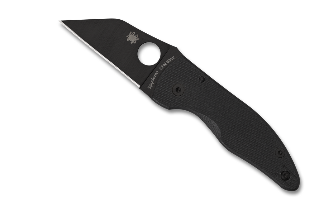 Spyderco MicroJimbo folding knife with thumb hole - shown open presentation side.  Black S30V stainless steel plain edge blade.  Black G-10 handle.  Model C264GPBK.