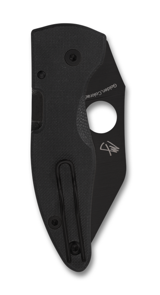 Spyderco MicroJimbo folding knife with thumb hole - shown closed pocket clip side.  Black S30V stainless steel plain edge blade.  Black G-10 handle.  Model C264GPBK.