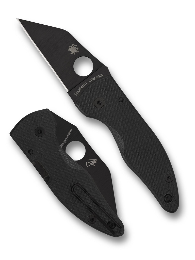 Spyderco MicroJimbo folding knife with thumb hole - shown open presentation side and closed pocket clip side.  Black S30V stainless steel plain edge blade.  Black G-10 handle.  Model C264GPBK.