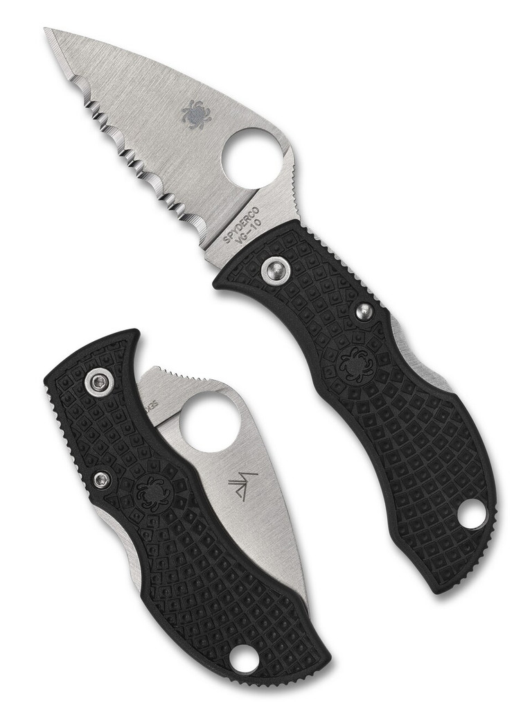 Spyderco Manbug leaf folding knife with thumb hole - shown open obverse and closed reverse.  Satin VG-10 stainless steel serrated edge blade.  Black FRN handle.  Model MBKLFS.