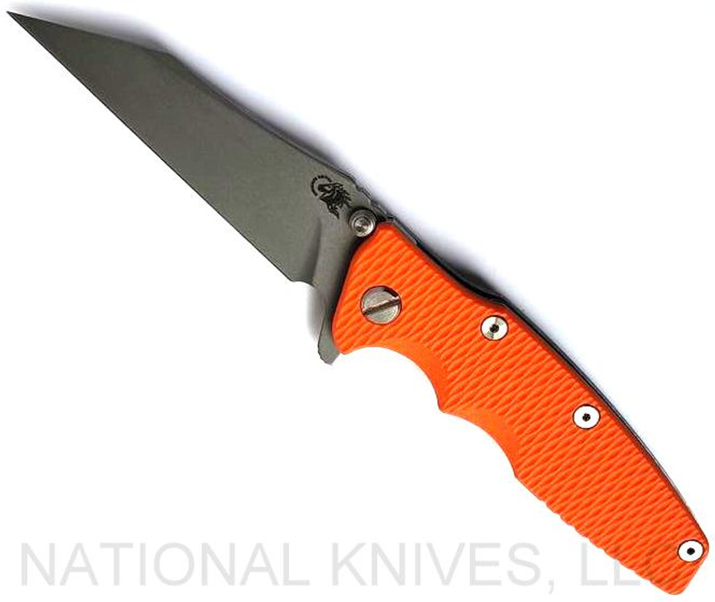 Rick Hinderer Knives Eklipse Wharncliffe folding knife with flipper tab and thumb stud - shown open presentation side.  Working Finish 20CV stainless steel plain edge blade.  Orange G-10 handle with Working Finish lock side.  Model KEK35WC.