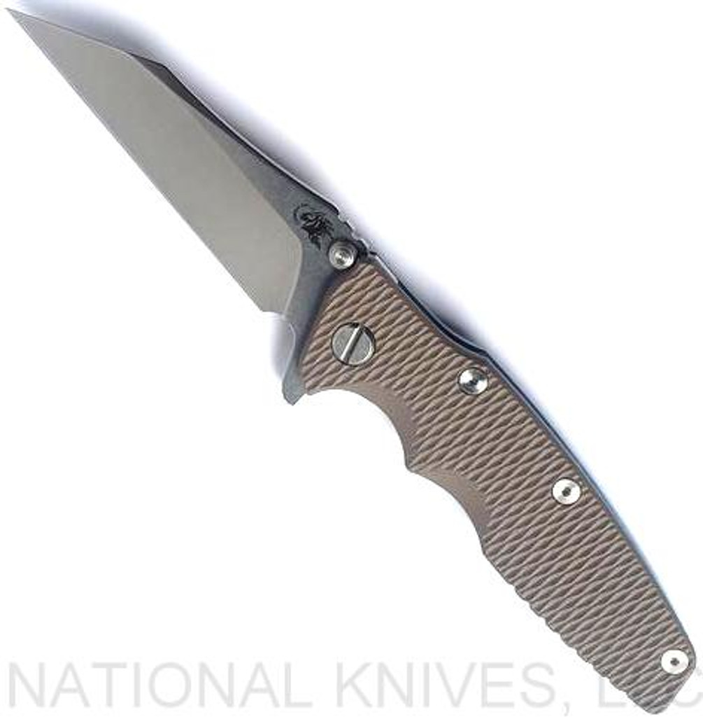 Rick Hinderer Knives Eklipse Wharncliffe folding knife with flipper tab and thumb stud - shown open presentation side.  Stonewash 20CV stainless steel plain edge blade.  FDE G-10 handle with stonewash blue lock side.  Model KEK35WC.