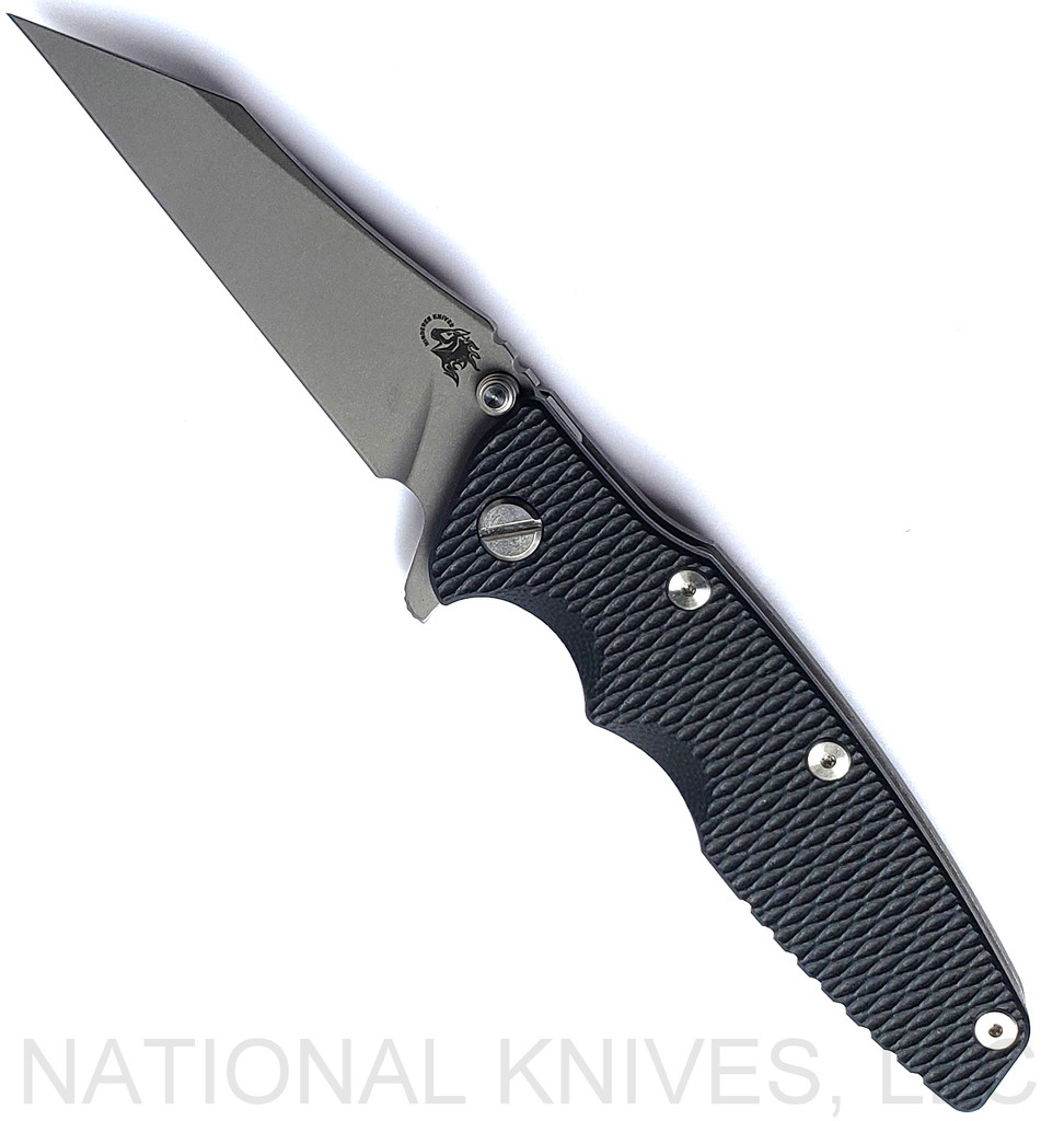 Rick Hinderer Knives Eklipse Wharncliffe folding knife with flipper tab and thumb stud - shown open presentation side.  Working Finish 20CV stainless steel plain edge blade.  Black G-10 handle with Working Finish lock side.  Model KEK35WC.