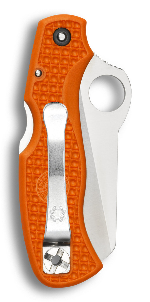 Spyderco Rescue 79mm folding knife with thumb hole - shown closed pocket clip side.  Satin VG-10 stainless steel serrated edge blade.  Orange FRN handle.  Model C45SOR.