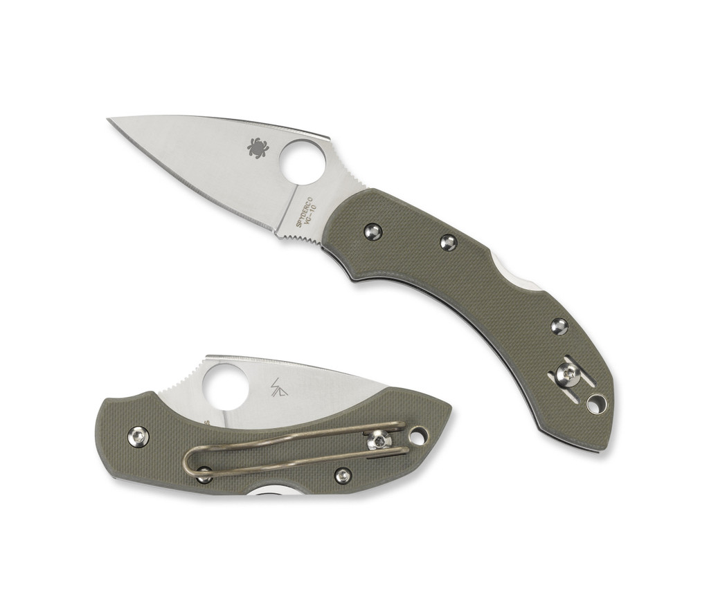 Spyderco Dragonfly folding knife with thumb hole - shown open presentation side and closed pocket clip side.  Satin VG-10 stainless steel plain edge blade.  Foliage Green G-10 handle.  Model C28GPFG.

