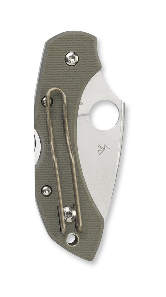 Spyderco Dragonfly folding knife with thumb hole - shown closed pocket clip side.  Satin VG-10 stainless steel plain edge blade.  Foliage Green G-10 handle.  Model C28GPFG.
