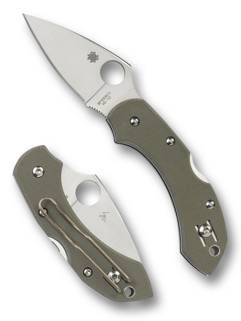 Spyderco Dragonfly folding knife with thumb hole - shown open presentation side and closed pocket clip side.  Satin VG-10 stainless steel plain edge blade.  Foliage Green G-10 handle.  Model C28GPFG.