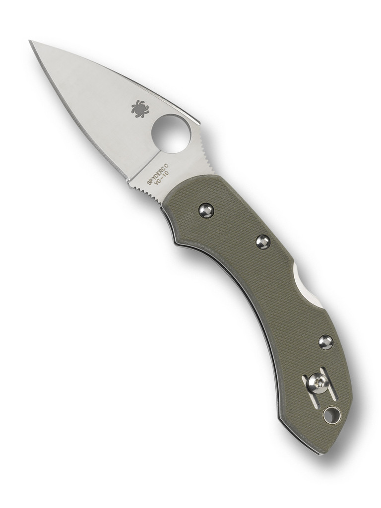 Spyderco Dragonfly folding knife with thumb hole - shown open presentation side.  Satin VG-10 stainless steel plain edge blade.  Foliage Green G-10 handle.  Model C28GPFG.