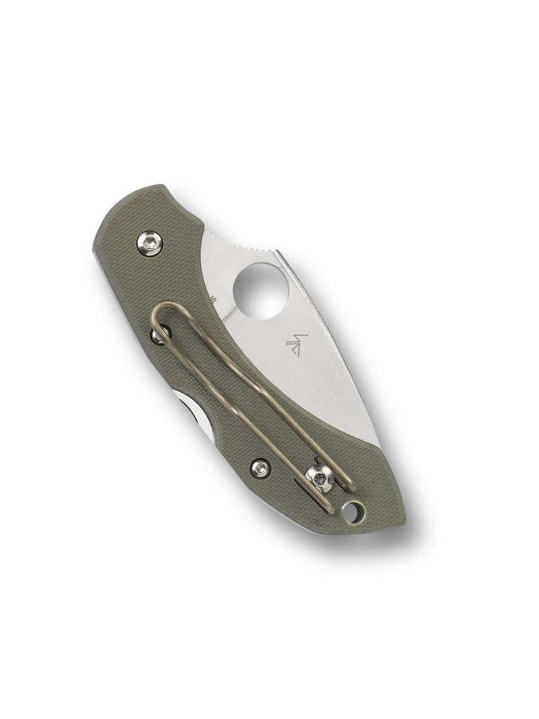 Spyderco Dragonfly folding knife with thumb hole - shown closed pocket clip side.  Satin VG-10 stainless steel plain edge blade.  Foliage Green G-10 handle.  Model C28GPFG.