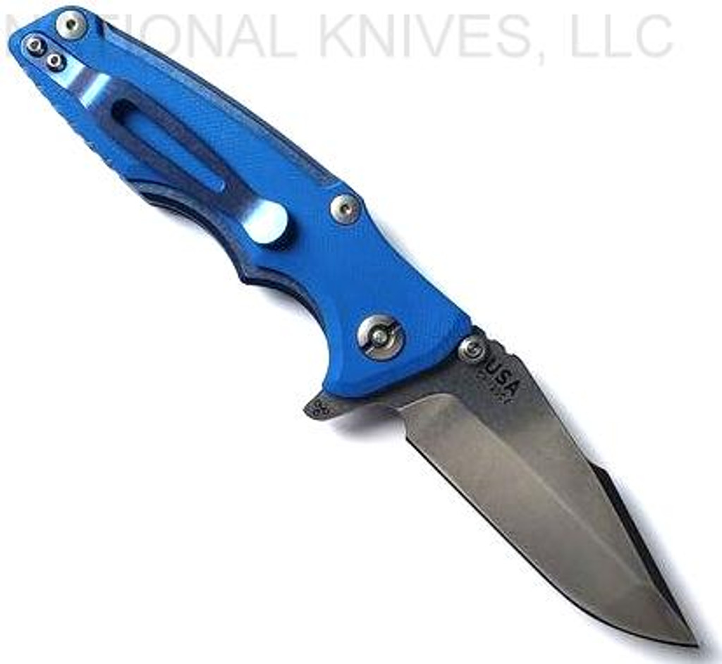 Rick Hinderer Knives Eklipse 3.0" Harpoon Spanto folding knife with flipper tab and thumb stud - shown open reverse.  Stonewash 20CV stainless steel plain edge blade.  Blue G-10 handle with stonewash blue titanium.  Model KEK30HS