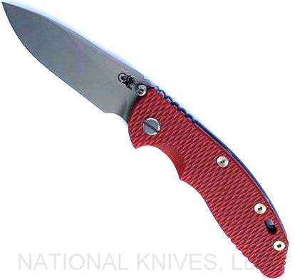 Rick Hinderer Knives Non Flipper XM-18 3.5" Slicer folding knife with thumb stud - shown open presentation side.  Working Finish S45VN stainless steel plain edge blade.  Red G-10 handle with Battle Blue lock side.  Model KXM35NFSL.