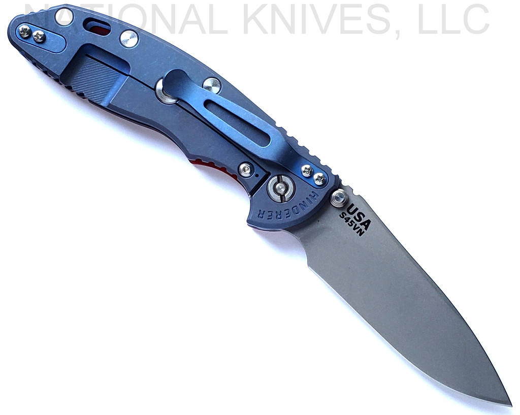 Rick Hinderer Knives Non Flipper XM-18 3.5" Slicer folding knife with thumb stud - shown open lock side.  Working Finish S45VN stainless steel plain edge blade.  Red G-10 handle with Battle Blue lock side.  Model KXM35NFSL.