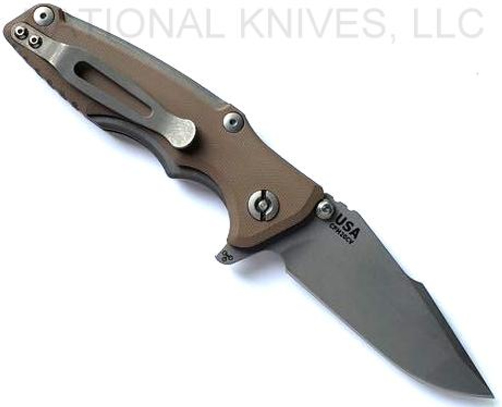 Rick Hinderer Knives Eklipse 3.0" Harpoon Spanto folding knife with flipper tab and thumb stud - shown open reverse.  Working Finish 20CV stainless steel plain edge blade.  FDE G-10 handle with Working Finish titanium.  Model KEK30HS
