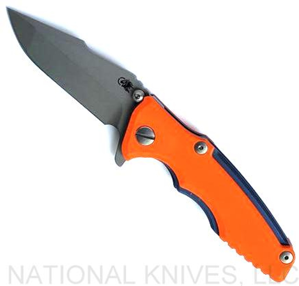 Rick Hinderer Knives Eklipse 3.0" Harpoon Spanto folding knife with flipper tab and thumb stud - shown open obverse.  Working Finish 20CV stainless steel plain edge blade.  Orange G-10 handle with Battle Blue titanium.  Model KEK30HS