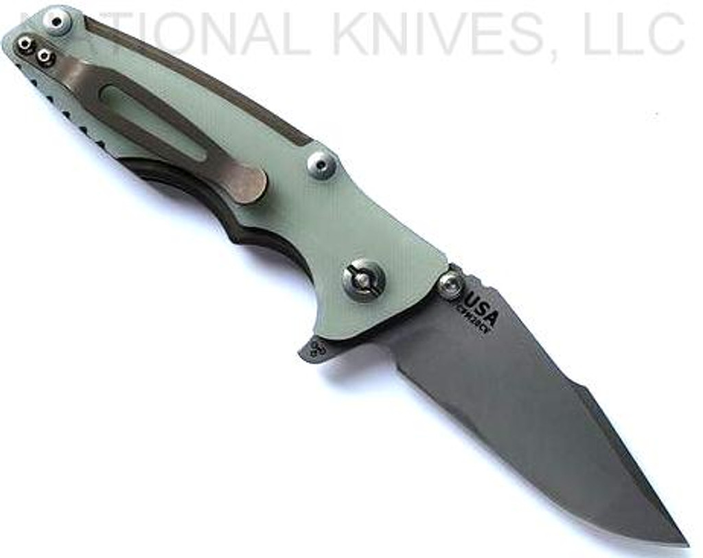 Rick Hinderer Knives Eklipse 3.0" Harpoon Spanto folding knife with flipper tab and thumb stud - shown open reverse.  Working Finish 20CV stainless steel plain edge blade.  Translucent Green G-10 handle with Battle Bronze titanium.  Model KEK30HS