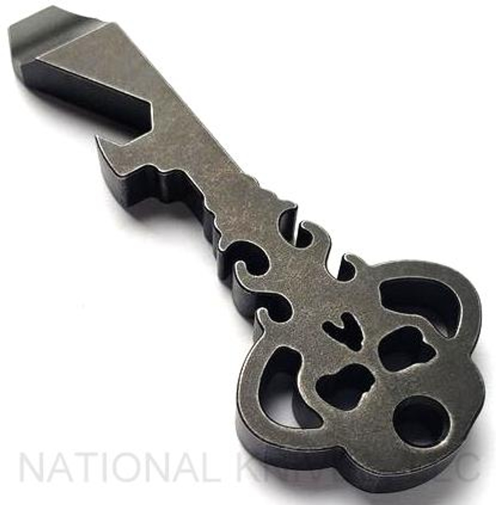 Chaves Knives Key pry bar multitool - obverse shown.  Stonewash black D2 steel construction.  Model KEY/TL/BOD2/SW.
