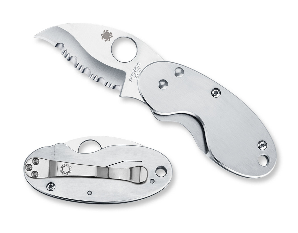 Spyderco Cricket folding knife with thumb hole - shown open presentation side and closed pocket clip side.  Satin VG-10 stainless steel serrated edge blade.  Stainless steel handle.  Model C29S.
