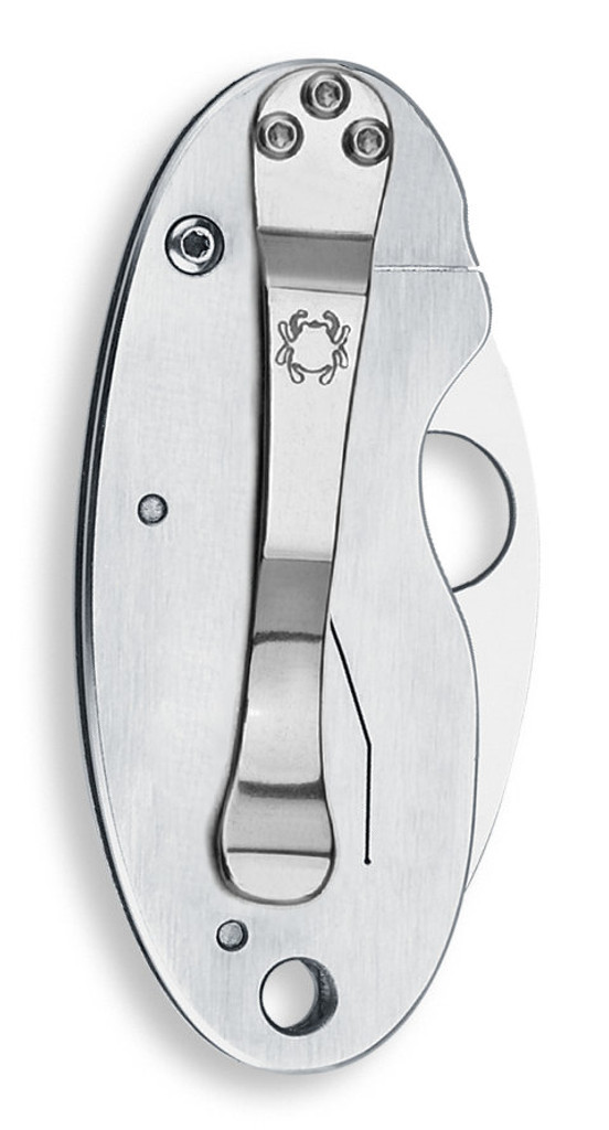 Spyderco Cricket folding knife with thumb hole - shown closed pocket clip side.  Satin VG-10 stainless steel serrated edge blade.  Stainless steel handle.  Model C29S.
