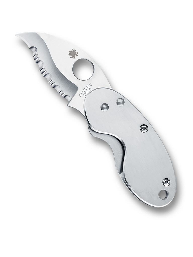 Spyderco Cricket folding knife with thumb hole - shown open presentation side.  Satin VG-10 stainless steel serrated edge blade.  Stainless steel handle.  Model C29S.