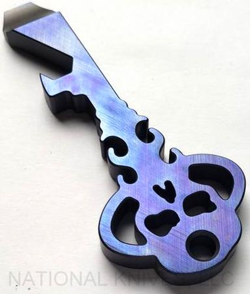 Chaves Knives Key pry bar multitool - obverse shown.  Crosshatch purple titanium construction.  Model KEY/TL/PTI/CH.