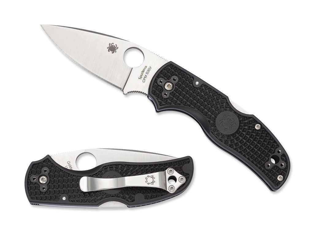 Spyderco Native 5 folding knife with thumb hole - shown open presentation side and closed pocket clip side.  Satin S30V stainless steel plain edge blade.  Black FRN handle.  Model C41PBK5.
