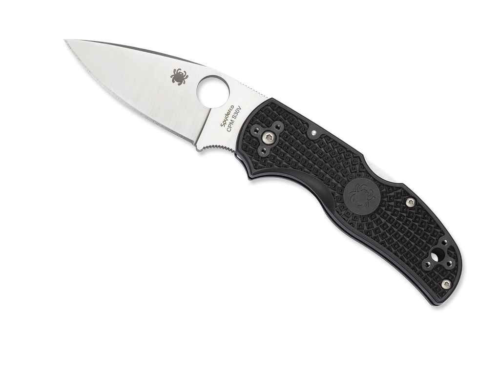 Spyderco Native 5 folding knife with thumb hole - shown open presentation side.  Satin S30V stainless steel plain edge blade.  Black FRN handle.  Model C41PBK5.

