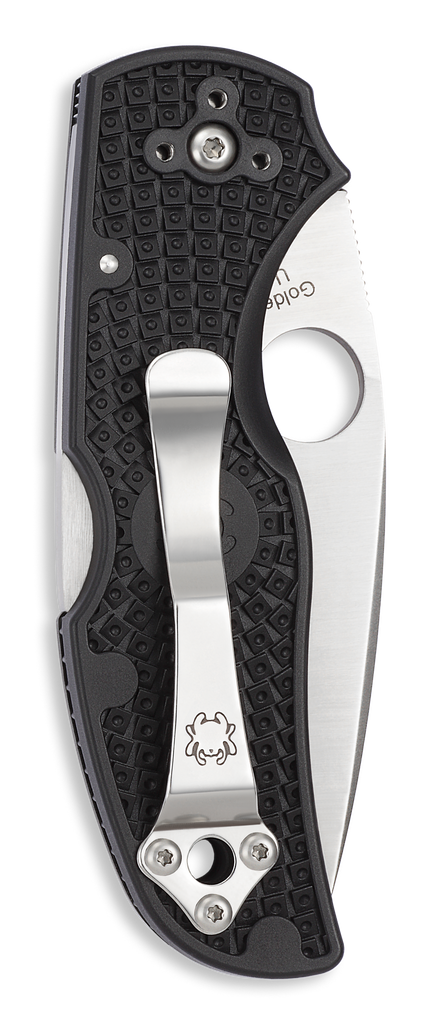 Spyderco Native 5 folding knife with thumb hole - shown closed pocket clip side.  Satin S30V stainless steel plain edge blade.  Black FRN handle.  Model C41PBK5.
