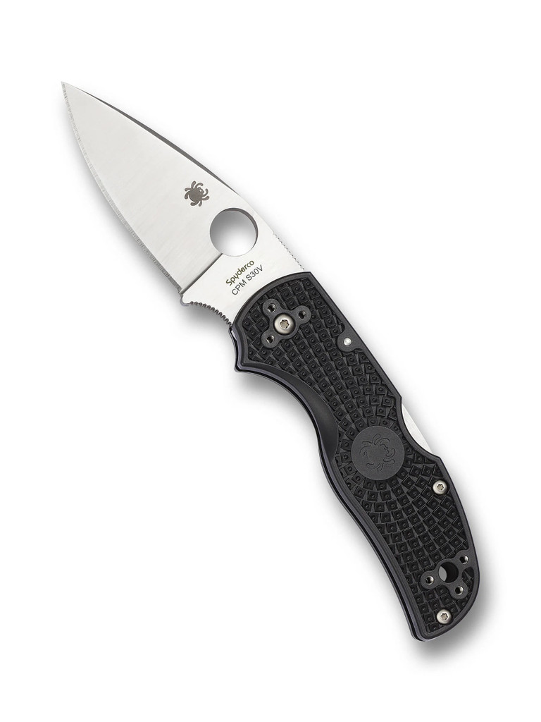 Spyderco Native 5 folding knife with thumb hole - shown open presentation side.  Satin S30V stainless steel plain edge blade.  Black FRN handle.  Model C41PBK5.