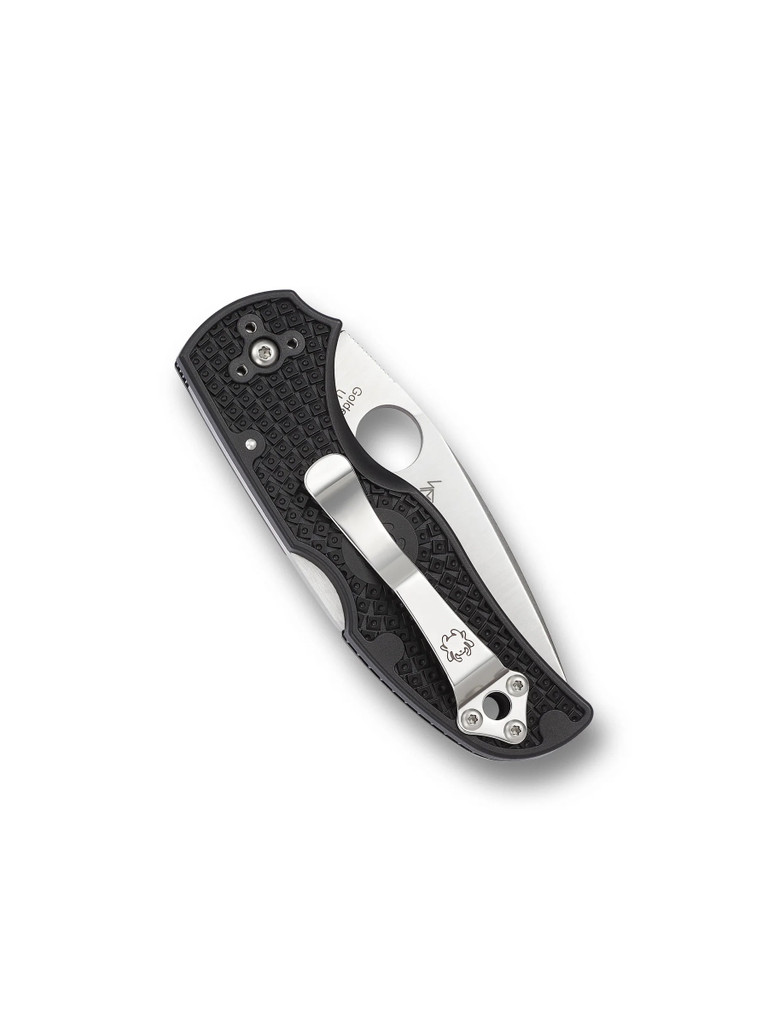 Spyderco Native 5 folding knife with thumb hole - shown closed pocket clip side.  Satin S30V stainless steel plain edge blade.  Black FRN handle.  Model C41PBK5.
