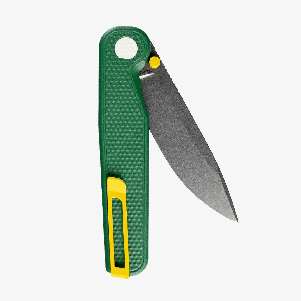 Tactile Knife Co Seasonal Release Fairway Rockwall folding knife with a thumb stud - shown partially open pocket clip side.  Stonewashed MagnaCut stainless steel plain edge blade.  Green coated titanium handle.  Model 20-RT-MCFW-TTFW.