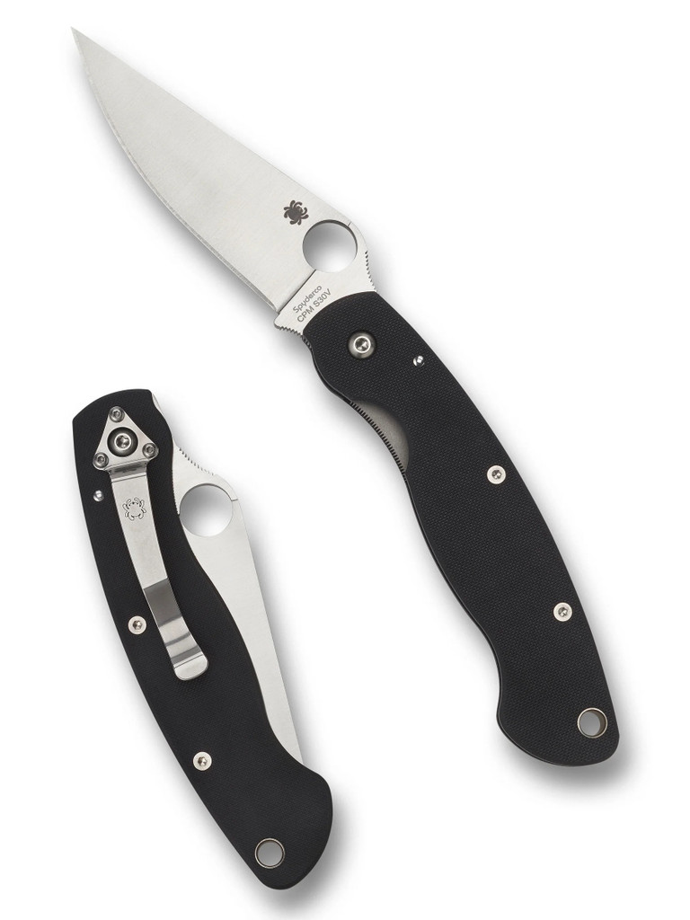 Spyderco Military folding knife with thumb hole - shown open presentation side and closed pocket clip side.  Satin S30V stainless steel plain edge blade.  Black G-10 handle.  Model C36GPE.