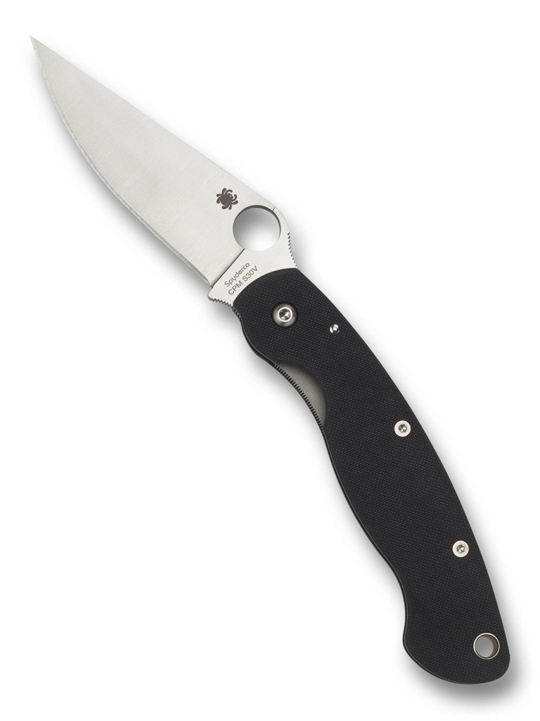 Spyderco Military folding knife with thumb hole - shown open presentation side.  Satin S30V stainless steel plain edge blade.  Black G-10 handle.  Model C36GPE.