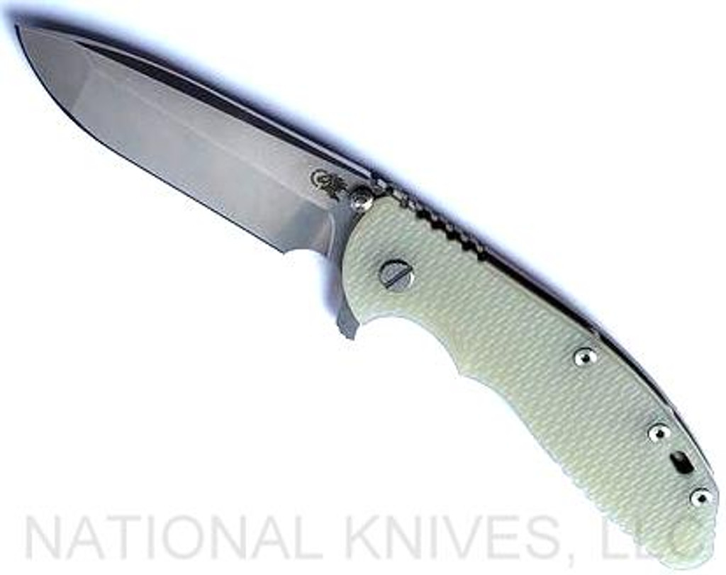 Rick Hinderer Knives XM-24 Spanto folding knife with thumb stud and flipper tab - shown open presentation side.  Stonewash S45VN stainless steel plain edge blade.  Translucent Green G-10 handle with stonewash bronze lock side.  Model KXM40SPAN.