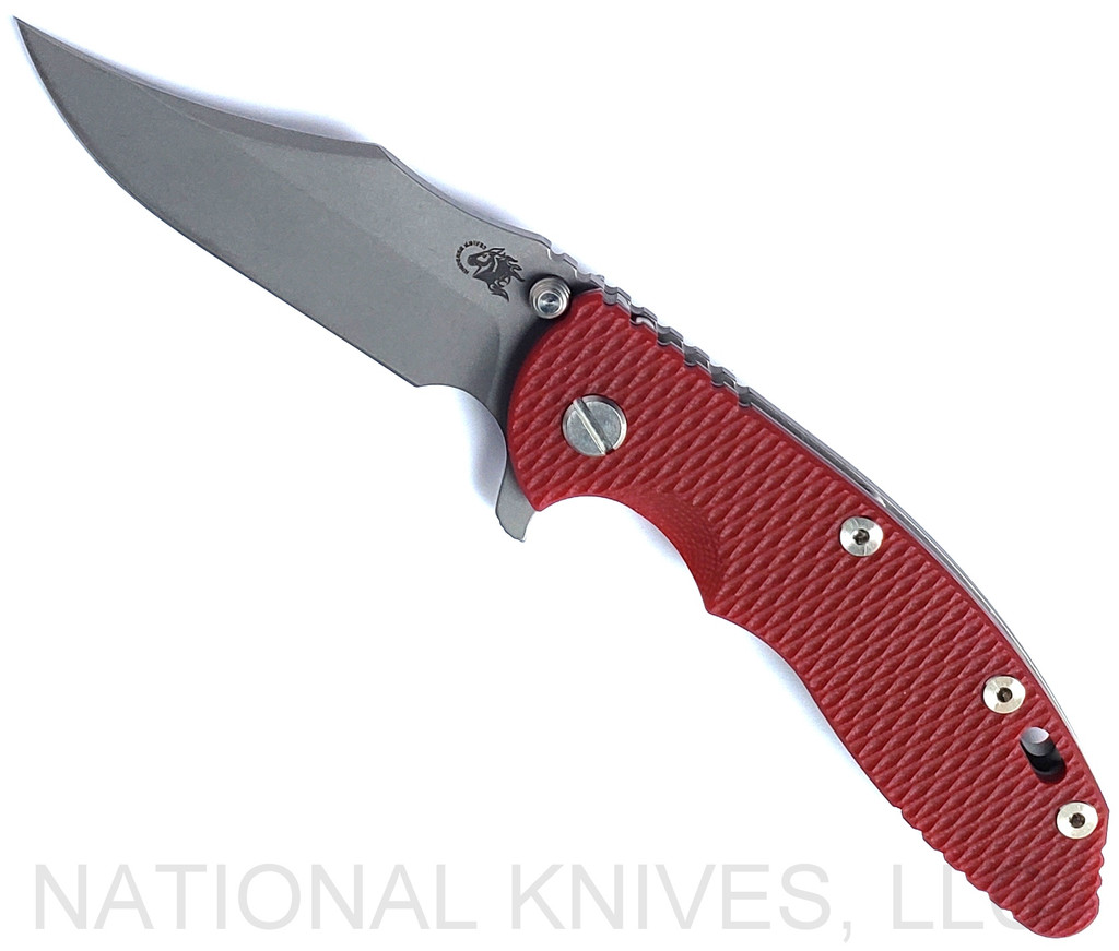 Rick Hinderer Knives XM-18 3.5" Bowie folding knife with thumb stud and flipper tab - shown open presentation side.  Working Finish S45VN stainless steel plain edge blade.  Red G-10 handle with Working Finish lock side.  Model KXM35BOW.