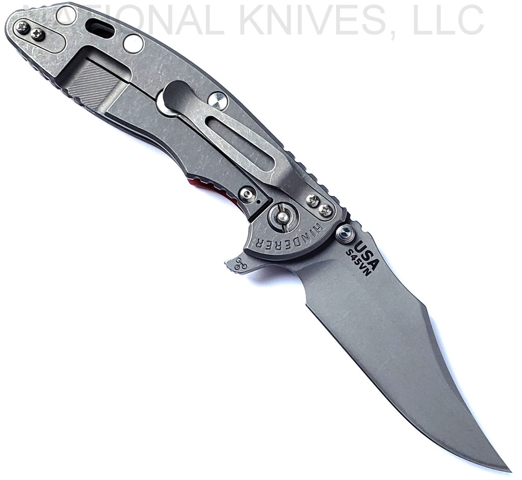 Rick Hinderer Knives XM-18 3.5" Bowie folding knife with thumb stud and flipper tab - shown open lock side.  Working Finish S45VN stainless steel plain edge blade.  Red G-10 handle with Working Finish lock side.  Model KXM35BOW.
