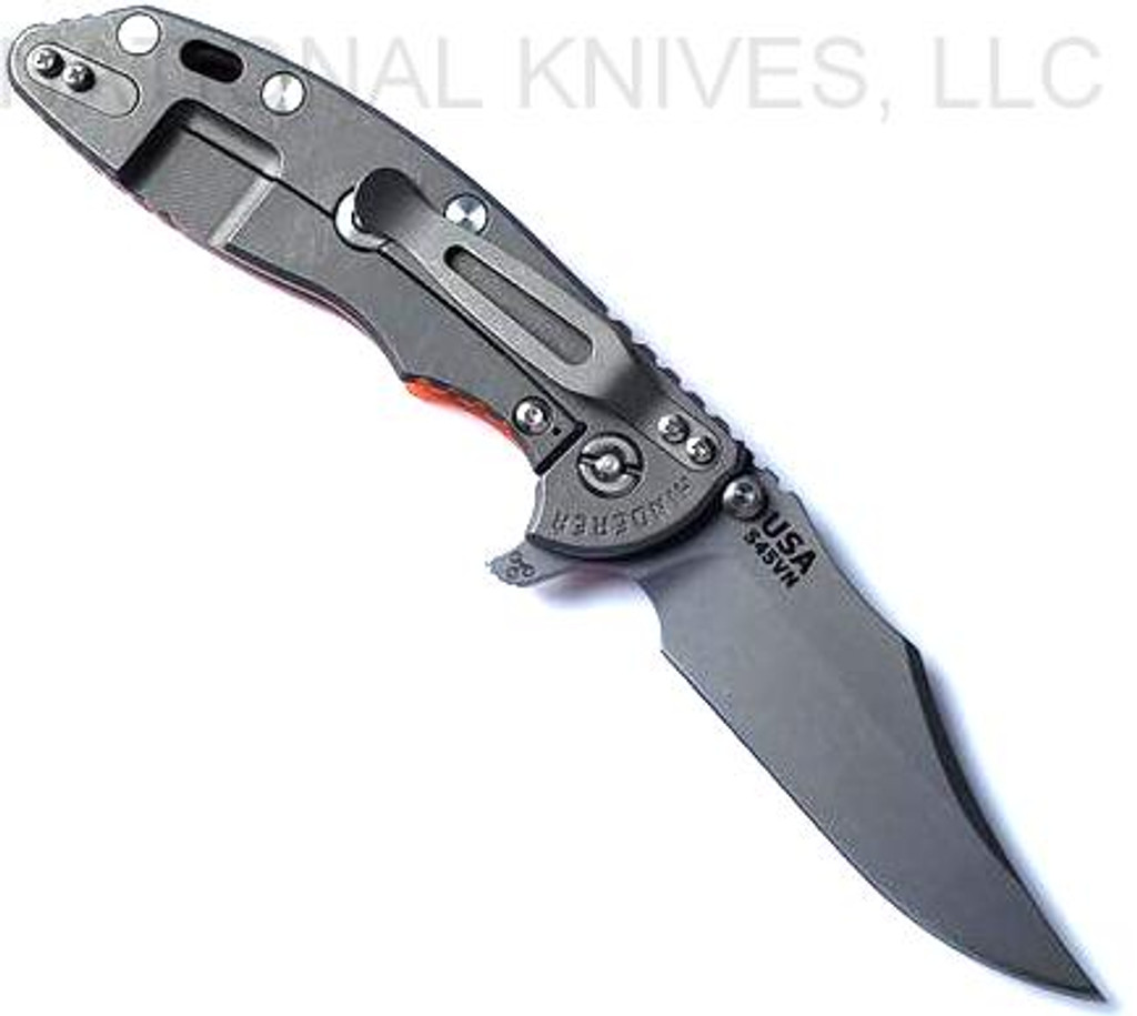 Rick Hinderer Knives XM-18 3.5" Bowie folding knife with thumb stud and flipper tab - shown open lock side.  Working Finish S45VN stainless steel plain edge blade.  Orange G-10 handle with Working Finish lock side.  Model KXM35BOW.