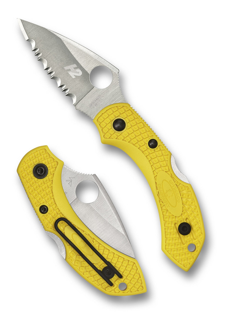Spyderco Dragonfly 2 Salt folding knife with thumb hole - shown open presentation side and closed pocket clip side.  Satin H-2 stainless steel serrated edge blade.  Yellow FRN handle.  Model C28SYL2.
