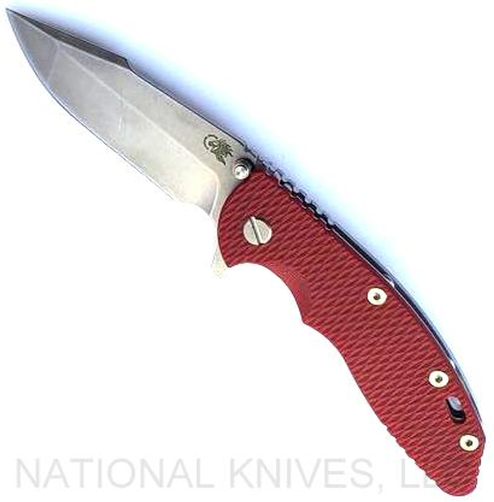 Rick Hinderer Knives XM-18 3.5" Harpoon Spanto folding knife with thumb stud and flipper tab - shown open presentation side.  Stonewash S45VN stainless steel plain edge blade.  Red G-10 handle with stonewash lock side.  Model KXM35HS.