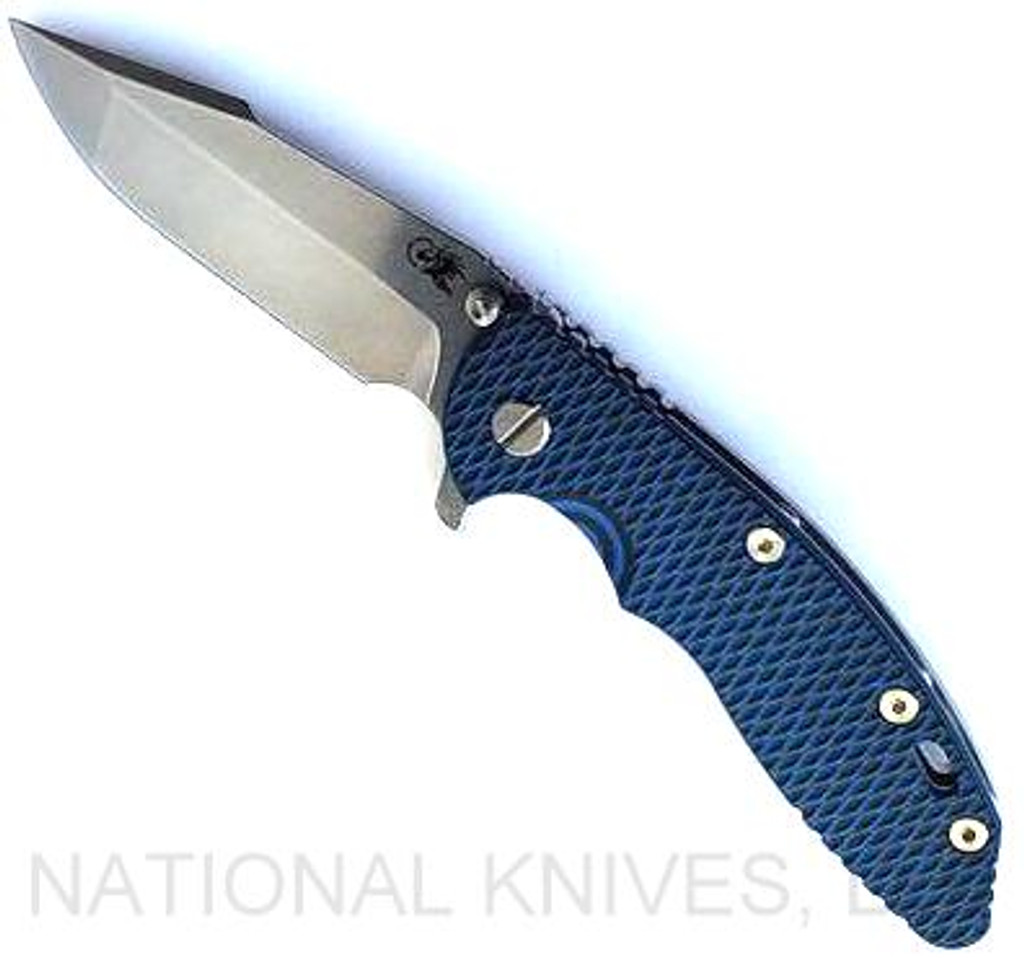 Rick Hinderer Knives XM-18 3.5" Harpoon Spanto folding knife with thumb stud and flipper tab - shown open presentation side.  Stonewash S45VN stainless steel plain edge blade.  Blue - black G-10 handle with stonewash lock side.  Model KXM35HS.